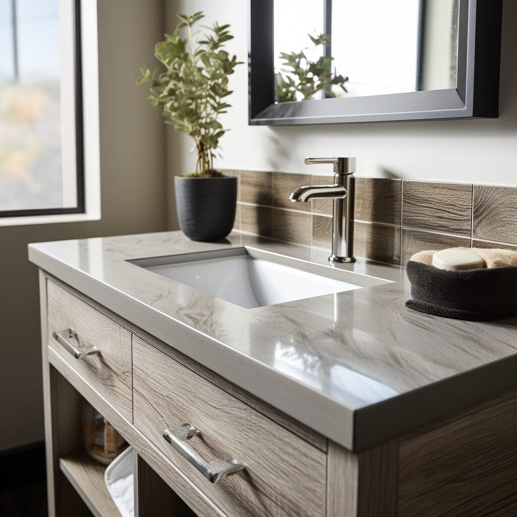 Close up view of a modern bathroom vanity sink in a well designed home listed by Shelly McNeil Nanaimo Realtor